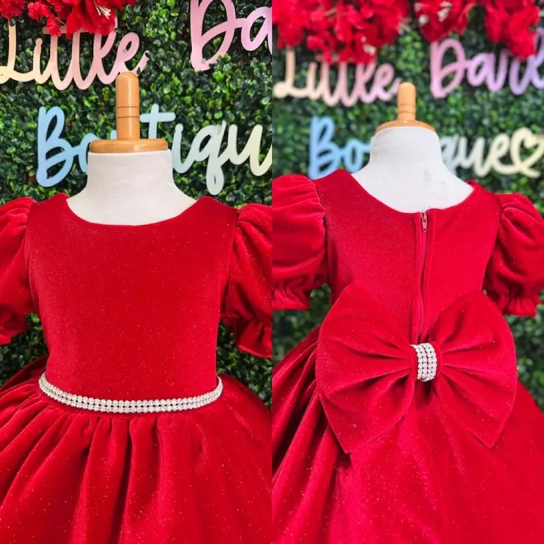 Flower Girl Wedding Dress Christmas Elegant Sparkly Velvet Puffy Sleeves Knee Length Winter Birthday Infant Toddler Junior