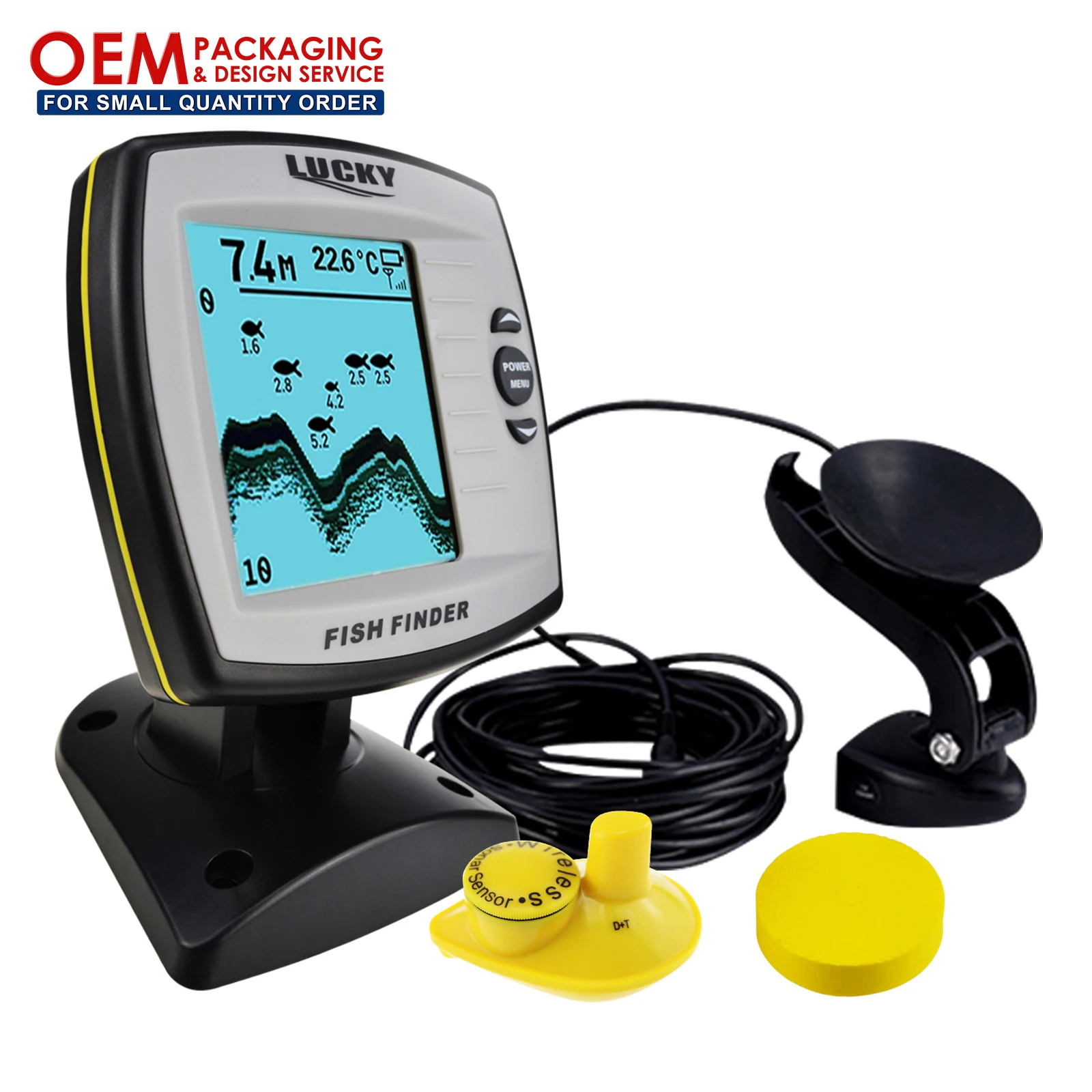 LUCKY 100m(Wired)/60m(Wireless) 4-level Grayscale FSTN LCD Boat Use Depth Sounder Sensor Transducer (OEM Packaging Available)