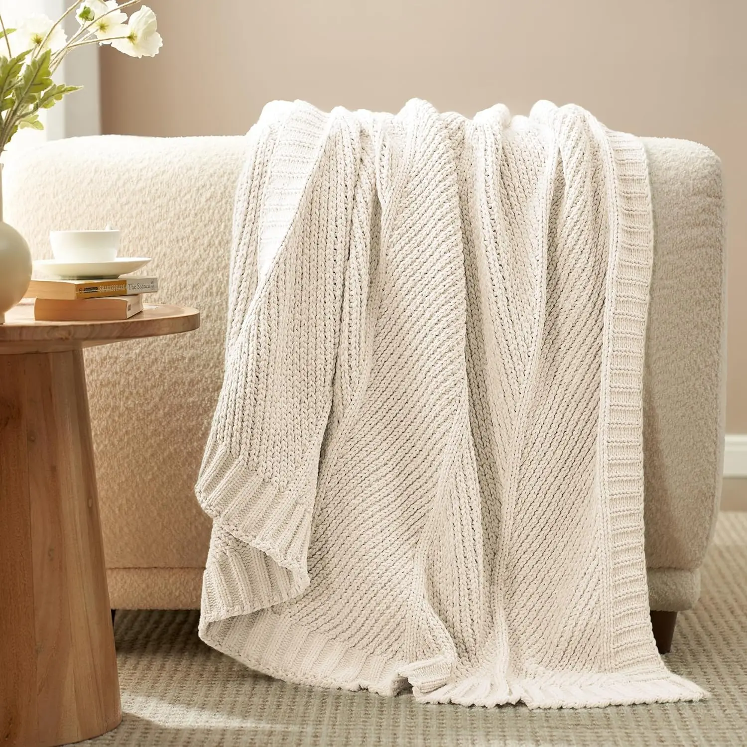 Chenille Knit Throw Blanket for Couch, Chunky Knit Blanket with Chevron Texture Non-Shedding, Soft Blanket , Ivory, 50