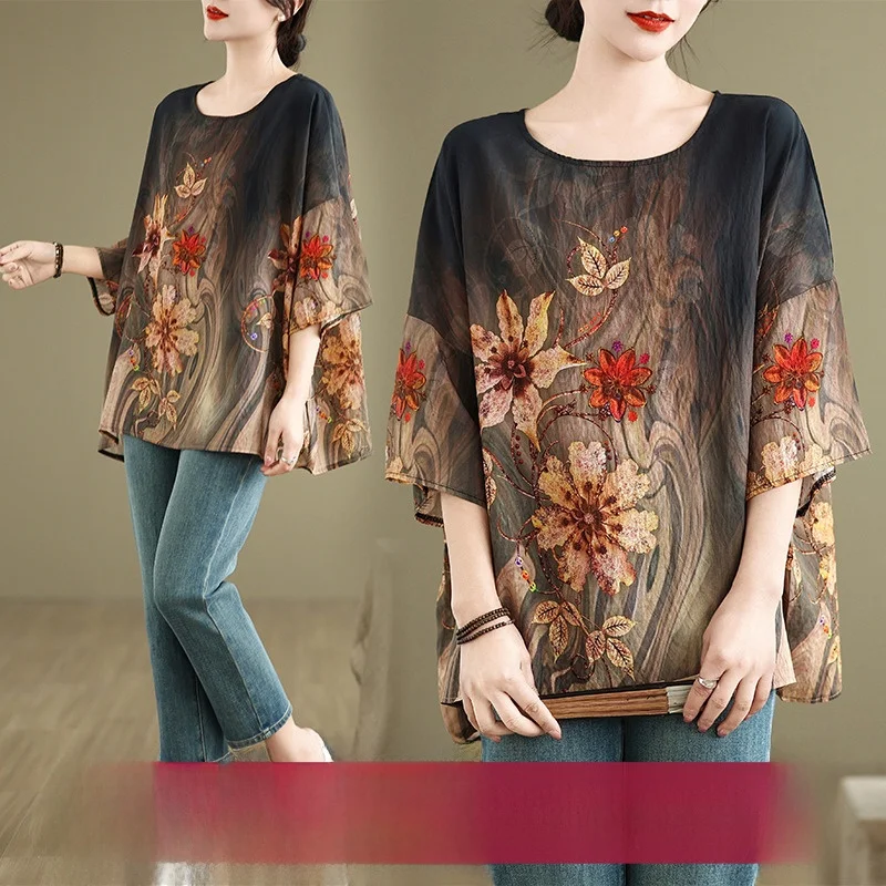 تي شيرت نسائي صيفي جديد فضفاض من القطن والكتان مستدير Ne Batwing Sve عرقي Sle مقاس كبير ألياف بوليستر مستديرة #1