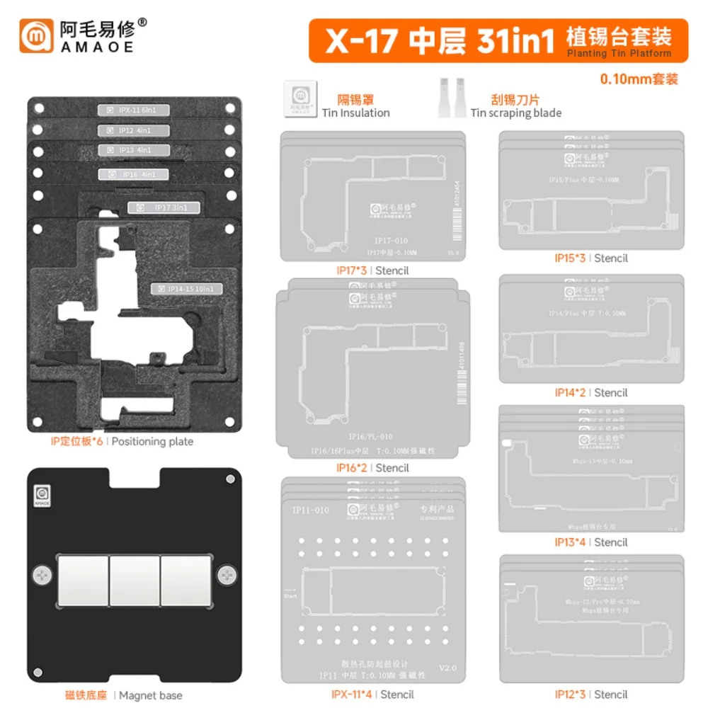 AMAOE IPX-17 31in1 Middle Layer Reballing Stencil Template Station for iPhone 17 Pro Max 16 15 IC Chip Rework Motherboard Repair