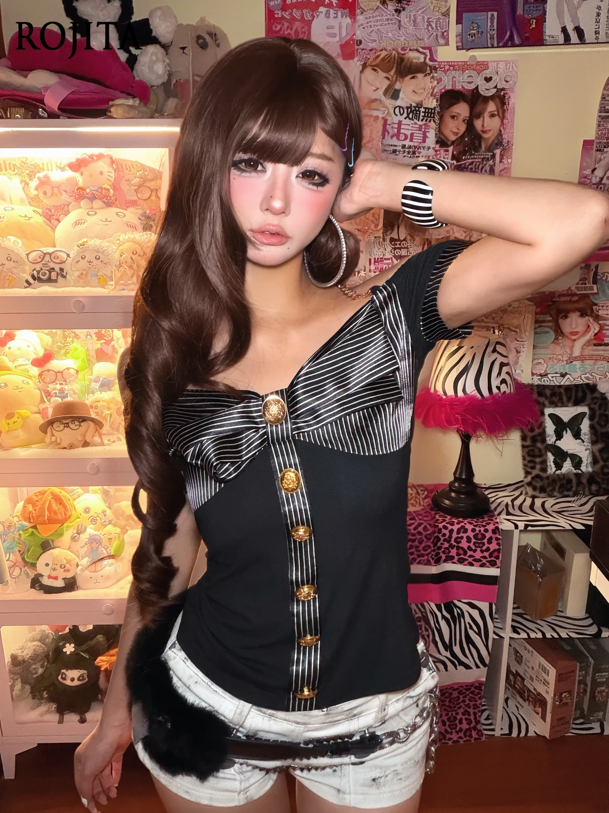 Striped Bow Vintage Off‑Shoulder Cami Top Spice Girl Japanese and Korean Slim Off-Shoulder Striped Black and White Bow Top