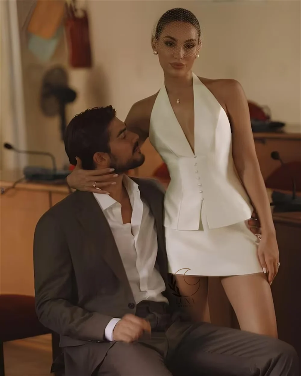 Luna Customized Beige V-Neck Halter Neck Wedding Dress Single Breasted Two-Piece Set Vestidos De Novia Short Evening Dresses image 3