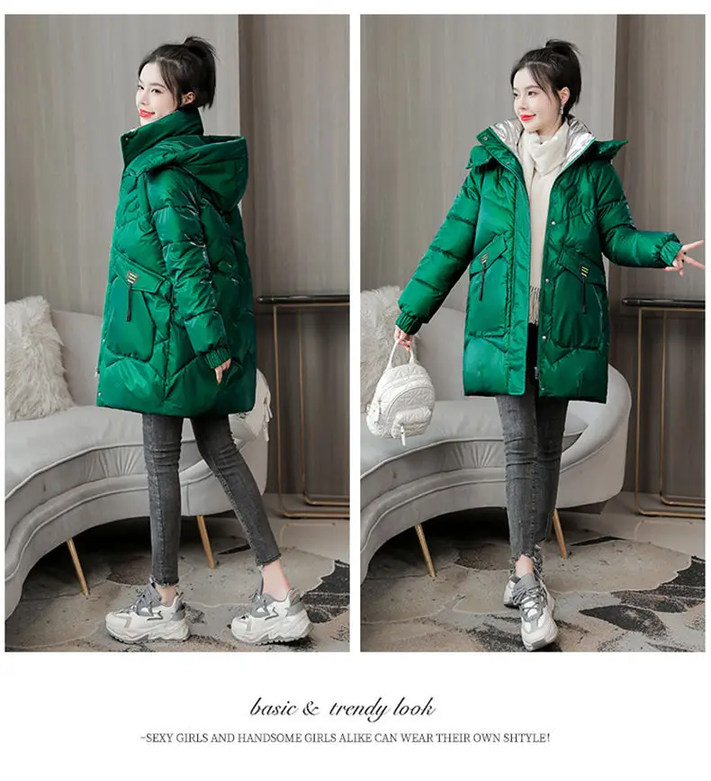 2026 Winter New Gloss Cotton Jacket Women's Medium to Long Korean Loose Coat Lady Thick Hooded Coats Female Warm Parker Overcoat