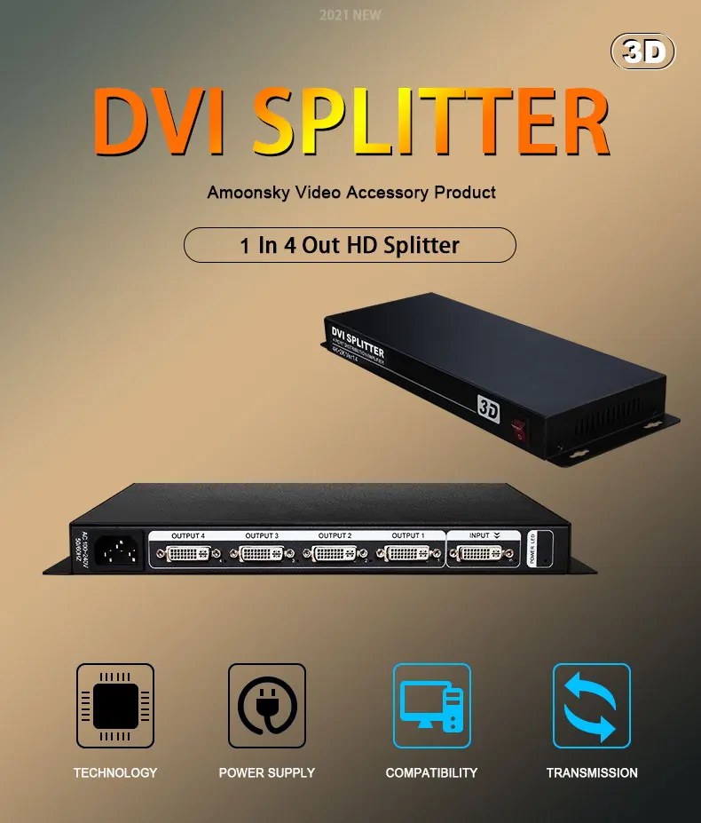 

AMS-D1S4 DVI Splitter 1 In 4 Out with 1K60Hz/4K30Hz and long-distance Transmission Compatible with DVI Devices