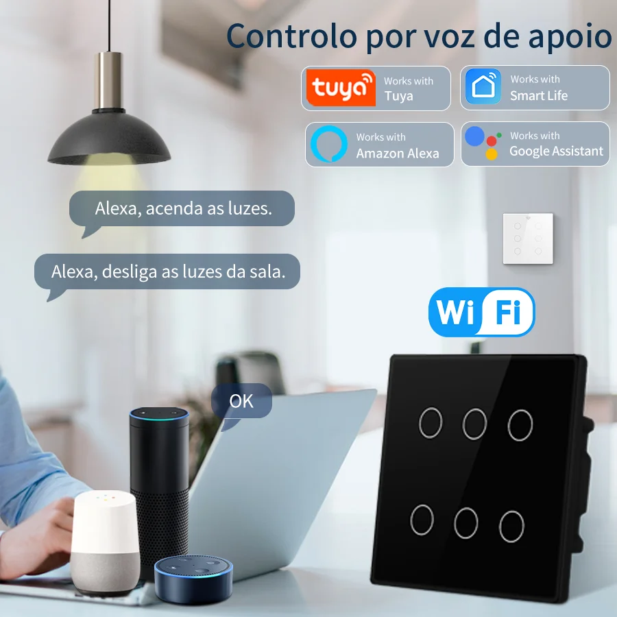 Brazil Standard WiFi Smart Switch 4x4 Size Tuya Smart Life Touch Sensor 4/6 Gang Light Control with Voice Assistance for Alexa G
