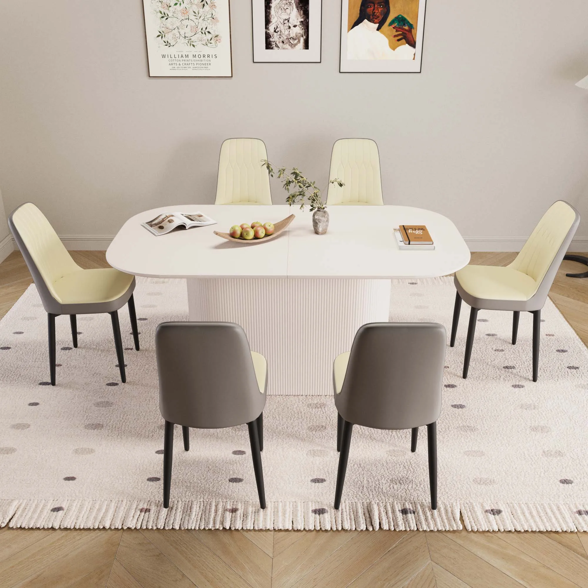 #63-Inch Contemporary Cream MDF Dining Table 6-Piece Dining Chair Set with Black Metal Legs Eco-Friendly Space-Saving Durable