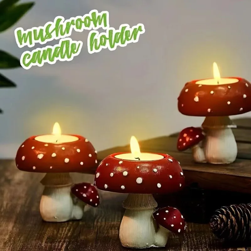 2024 New Simulated Small Mushroom Home Decoration Mushroom Candlestick Mushroom Tea Candle Candlestick Resin Crafts Ornament