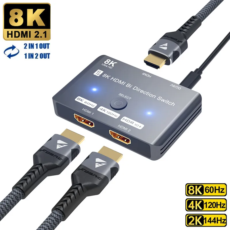 8K HDMI 2.1 Switch 2x1 1x2 Bi-Direction Switcher 4 In 1 Out HDMI Switcher Distributor 8K 60Hz 4K 2K 120Hz 48Gbps for PS5 HDTV