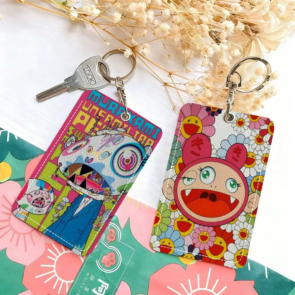 Aesthetics T-Takashi-M-Murakami Premium Leather Card Holder Keychain  Scratch-Resistant Case for Bus Cards