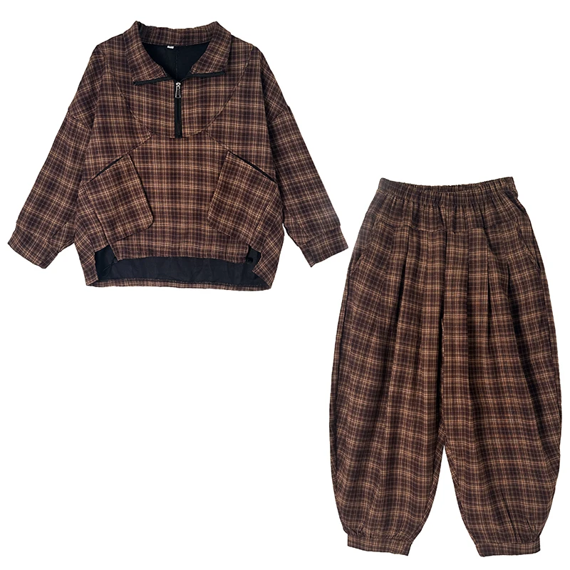 Conjunto Casual de Duas Peças em Aodão e Linho com Estampa Xadrez Retro, Manga Longa, Estilo Solto e Plus Size, Outono 2024