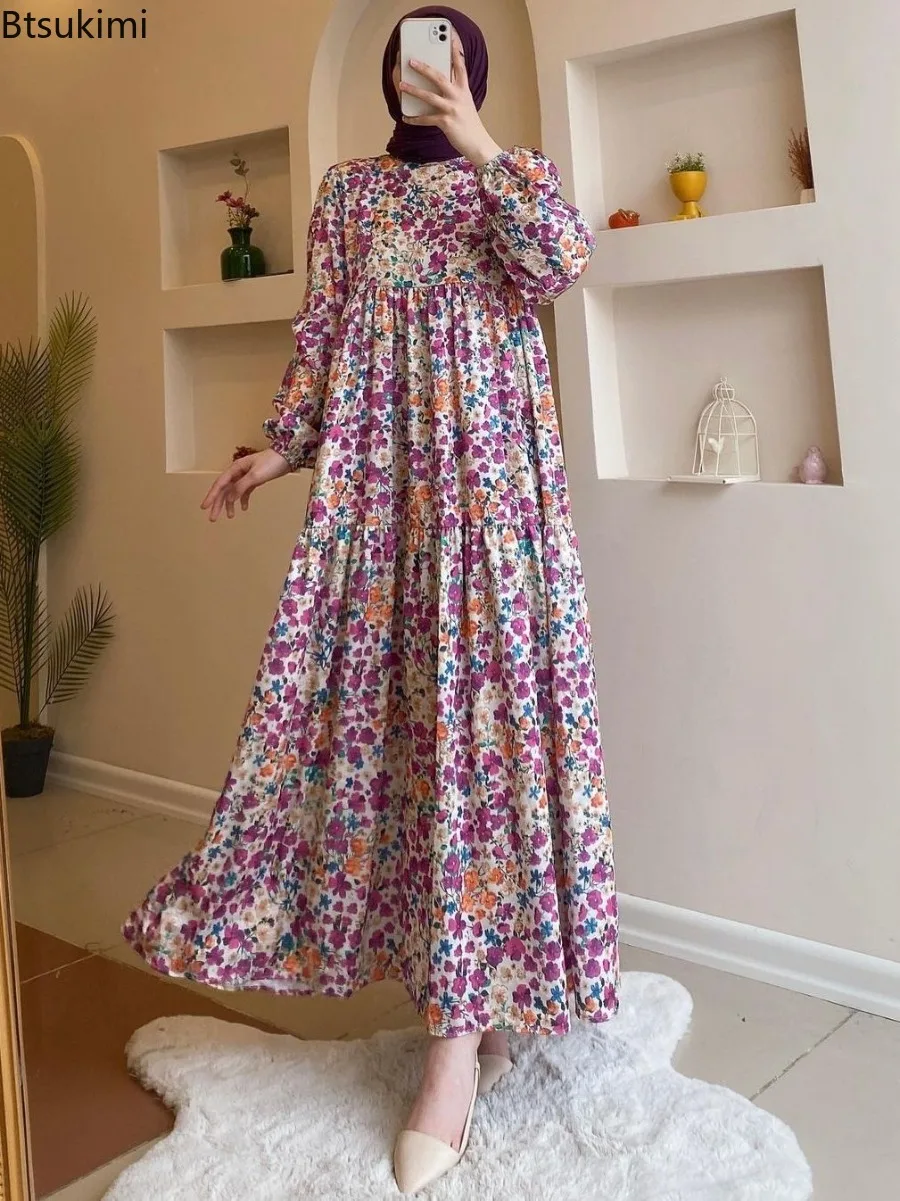 Muslim Fashion Women Flower Print Long Dress Casual Long Sleeve Big Swing Dress Dubai Islamic Clothing Women Vintage Abaya Robes