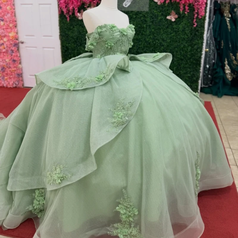 

Mint Green Shiny Quinceanera Dresses Ball Gown Off The Shoulder Applique Flower Beads Bow Tull Party Birthday Sweet 16 Dress