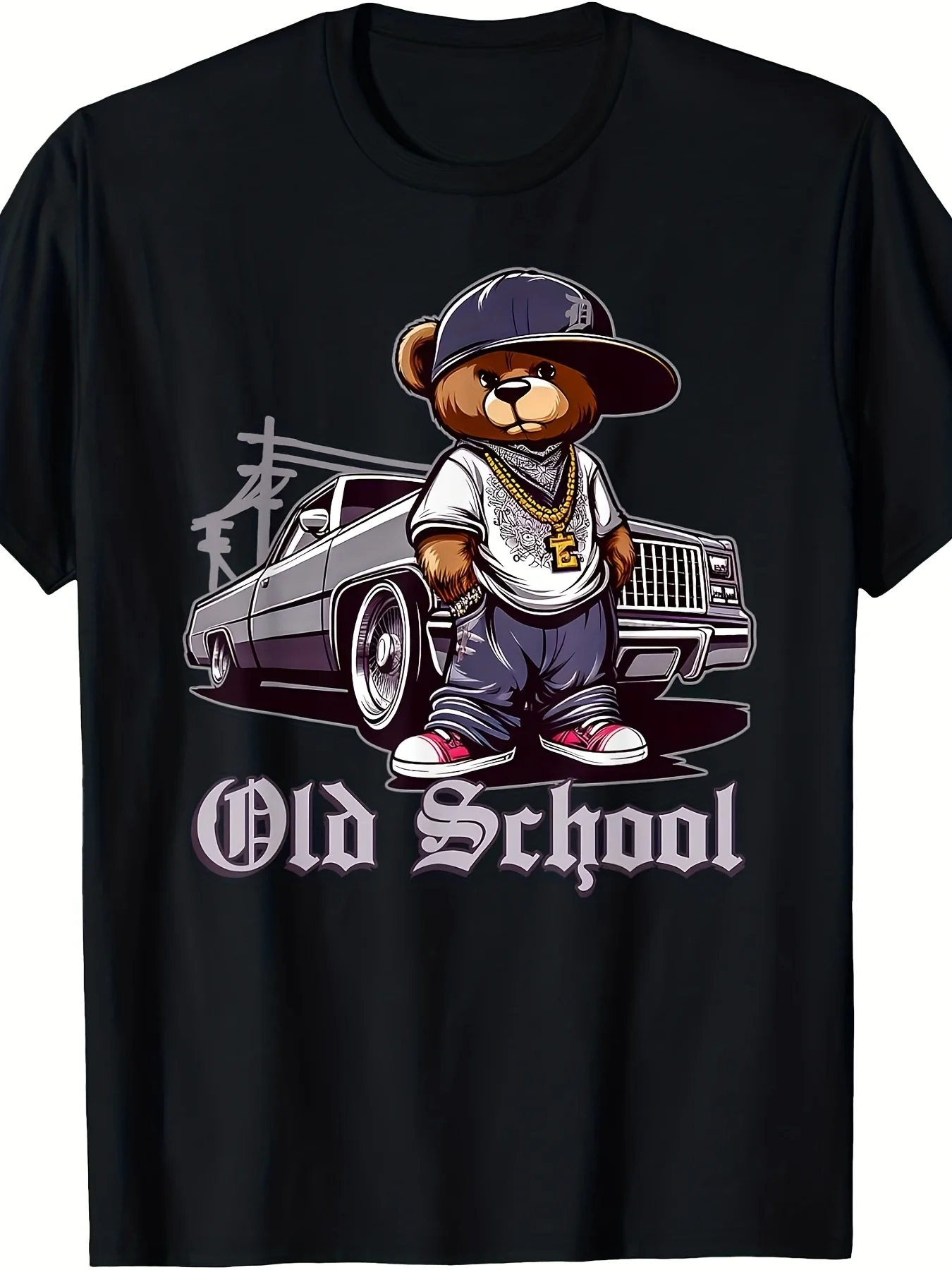 Retro Hip Hop Teddy Bear Low-key Trousers Culture Cute T-shirt, 2025 Summer Neutral, Short Sleeves, 220G Solid Color Fabric