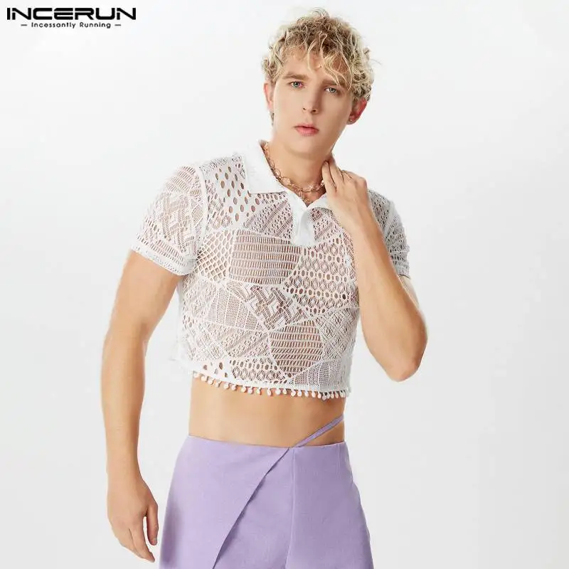 INCERUN Men Shirt Lace Transparent Sexy Lapel Short Sleeve Crop Tops Streetwear Summer 2024 Party Fashion Unisex Shirts S-3XL