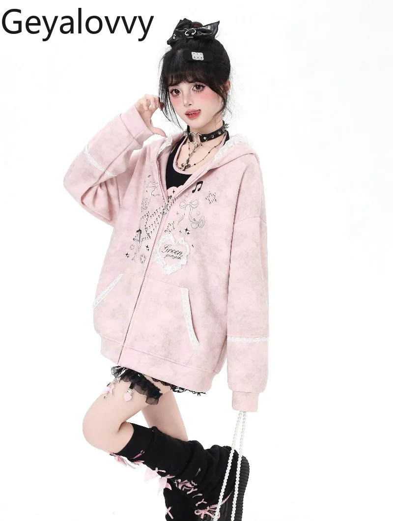 

Милый кружевной универсальный кардиган на молнии с капюшоном, милый девчачий кроличьи уши, свободный дизайн, осень-зима, новая толстовка с принтом, толстовка