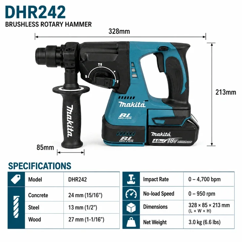 Image of Makita DHR242 18V LXT Bürstenloser Akku-Bohrhammer 24mm SDS Plus 2,0J 4700 BPM 3-Modus Beton-Bohrwerkzeug-Set mit BL1860B BL1840 Akku-Ladegerät