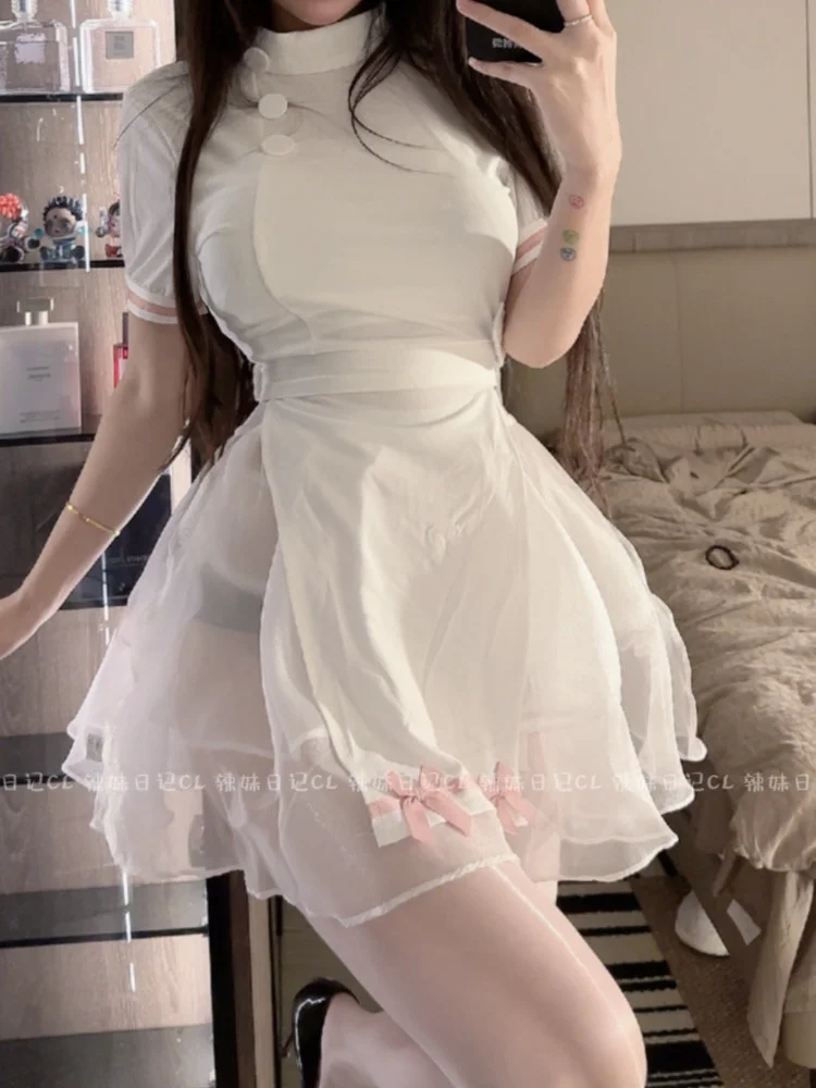 Fashion Sweet Fairy Mini Dress White Spice Girl Sexy Transparent Sheer Bowknot Yarn Hollow Out Dresses Cosplay V785