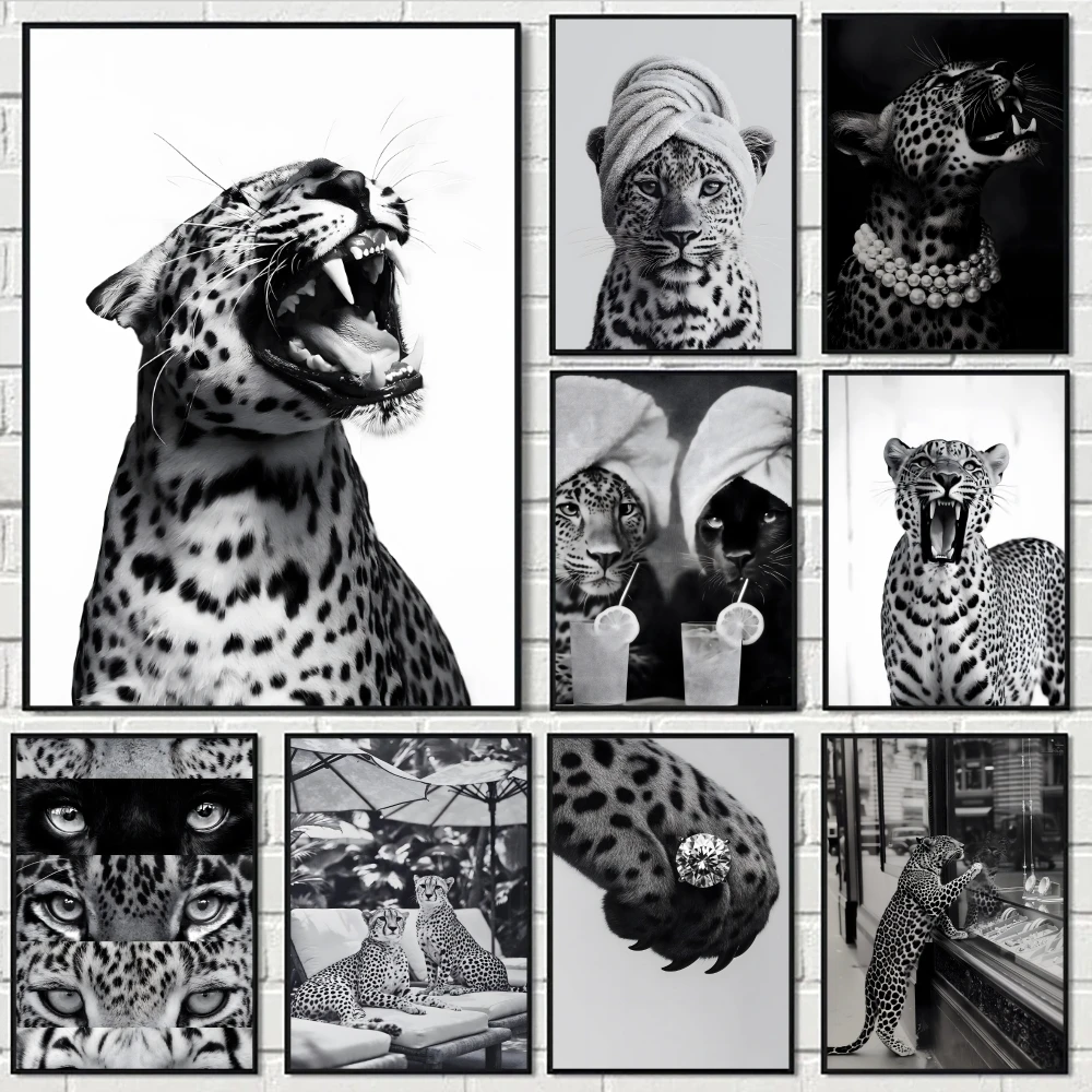 1pc Frameless Fashion Black White Leopard Print Painting Calligraphy Eco-Friendly Cotton Canvas Poster Waterproof Wall Art for