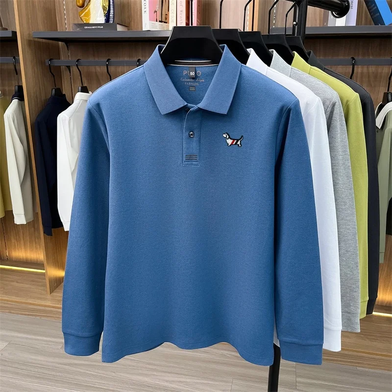 Herbst Neuheit: Herren Langarm-Poloshirt, Einfarbig mit Stickerei, 100% Baumwolle, Lässige Mode-Herrenbekleidung – Detail 4