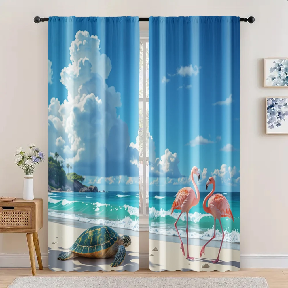 2 יחידות, וילונות למסיבה ציפורים טרופיות צב ים קיץ חוף כחול טורקיז עננים לבנים פוליאסטר עמיד, ללא חשמל