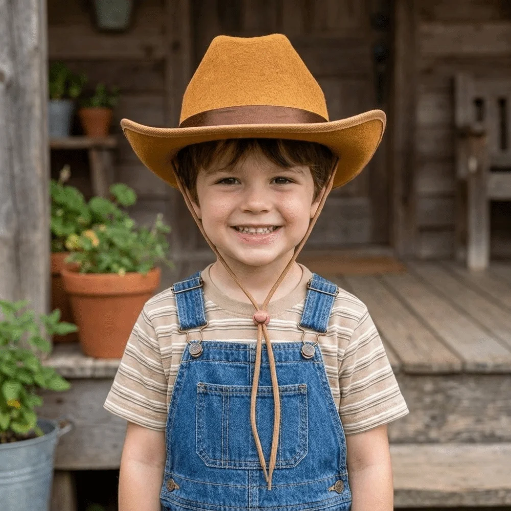 Solid Color Cowboy Hat Wide Brim Felt Western Cowboy Hat with Adjustable Chin Strap Ethnic Style Jazz Hat