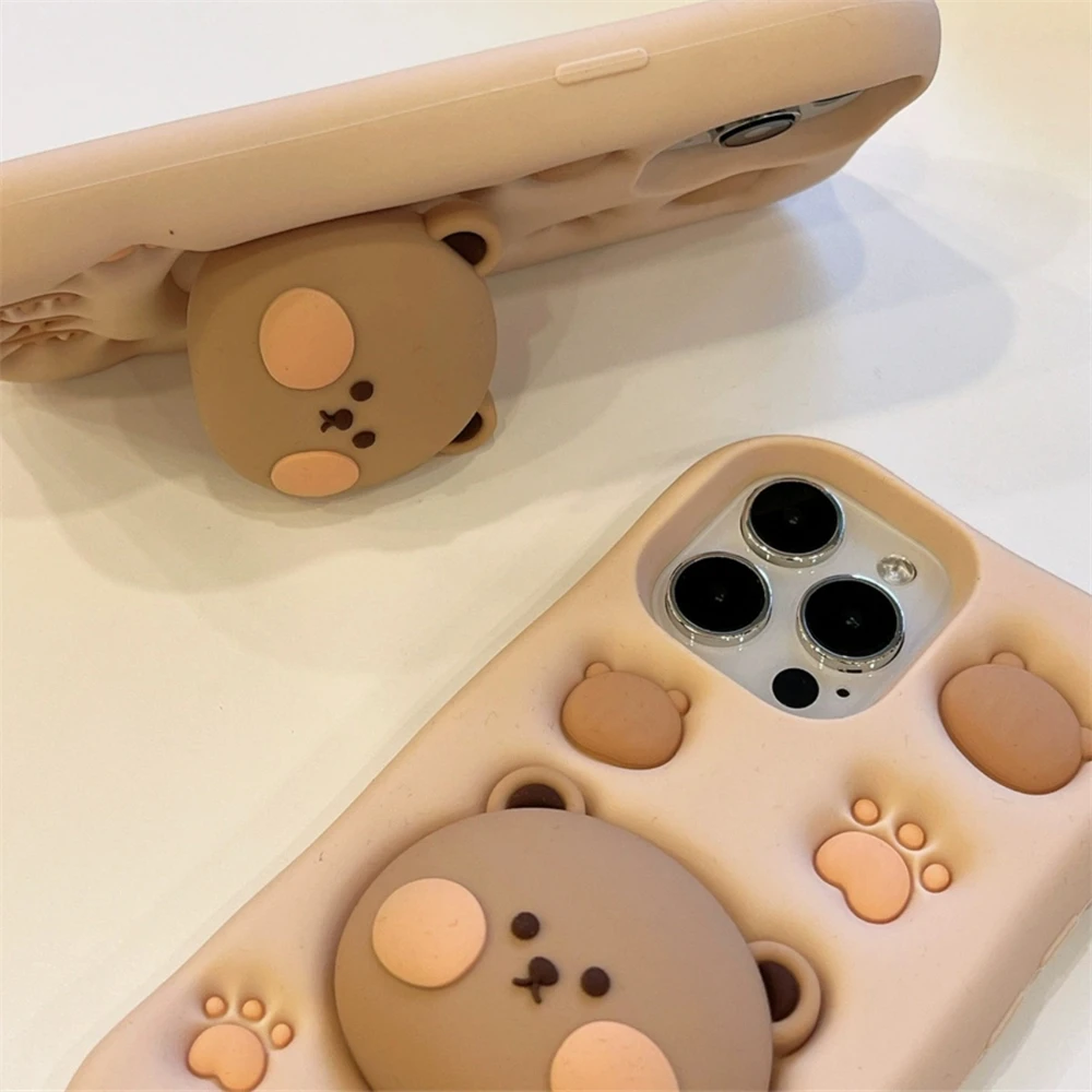 Cute 3D Cartoon Bear Paw Holder Grip Phone Case For iPhone16 15 14 13 12 11 Pro Max Lovely Silicone Soft Cover Camera Protection