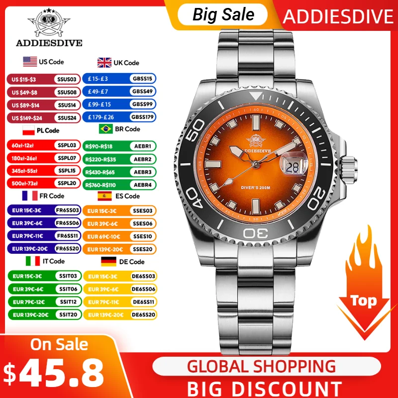 

ADDIESDIVE 41mm Man Luxury Watch Japan 2115 Quartz Movement Watch Luminous 200m Waterproof 316L Stainless Steel Dive Watches