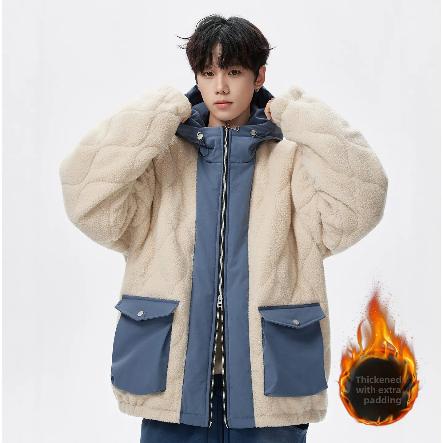 

Мужская теплая куртка из хлопка с капюшоном и вставками из овечьего вельвета в американском стиле, свободного кроя, модная, устойчивая к холоду