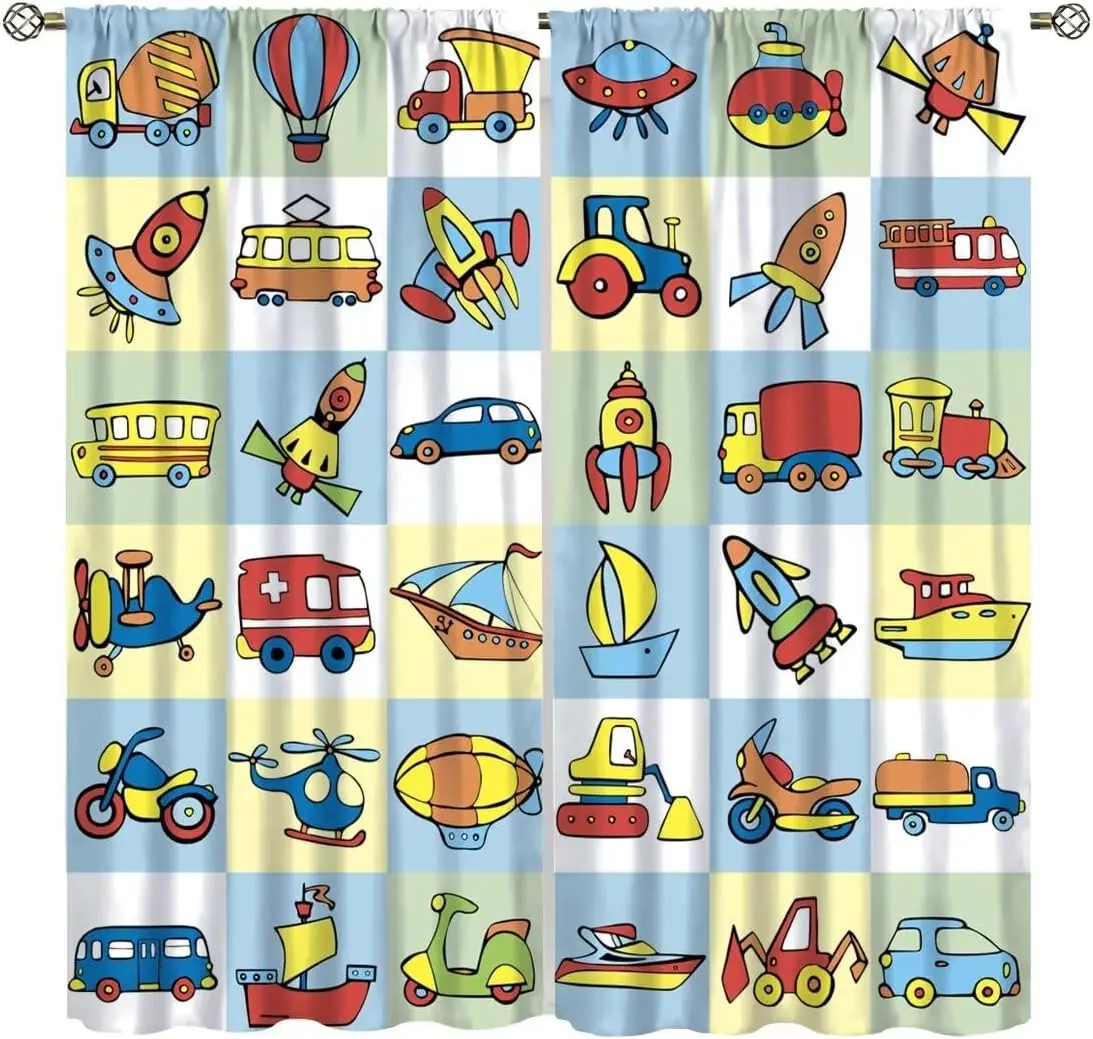 Cartoon Transport Curtains Kids,Cute Car Plane Bus Ship Colorful Pattern Window Treatments for Boys Girls Bedroom Living Room
