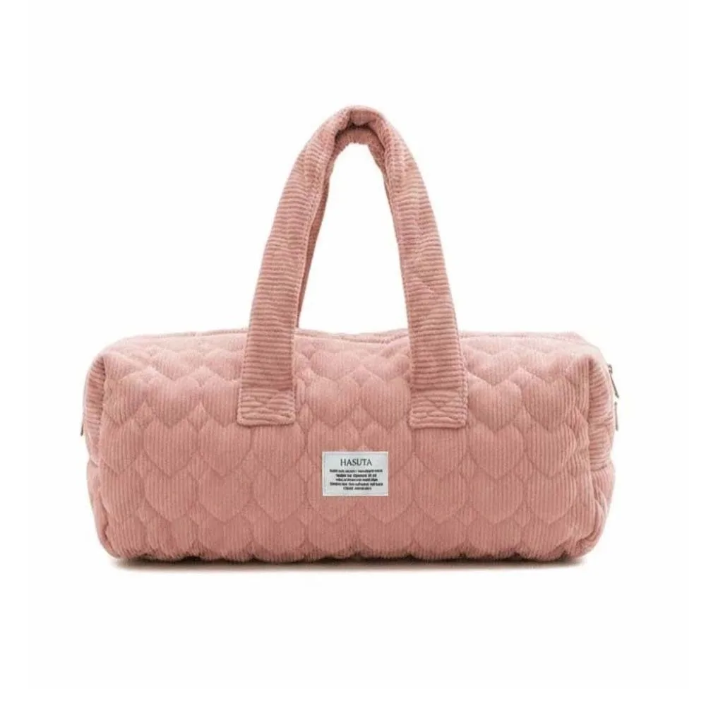 Padded Heart Quilted Handbag Spacious Lightweight Corduroy Barrel Pouch Zippered Cylindrical Pastel Makeup Organizer Traveler