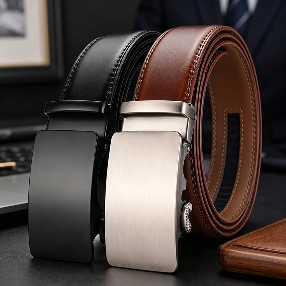 Men Cowskin Leather Belt Alloy Automatic Buckle High Quality Male Fashion Jeans Belts ceinture homme Men's Luxury Brand B1305