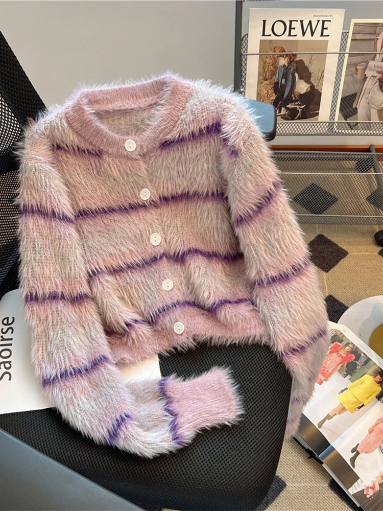 

Женский фиолетовый кардиган из мохера, кашемировый свитер, Harajuku, корейский Y2k, роскошные свитера с длинными рукавами, джемпер, винтажная одежда 2000-х годов