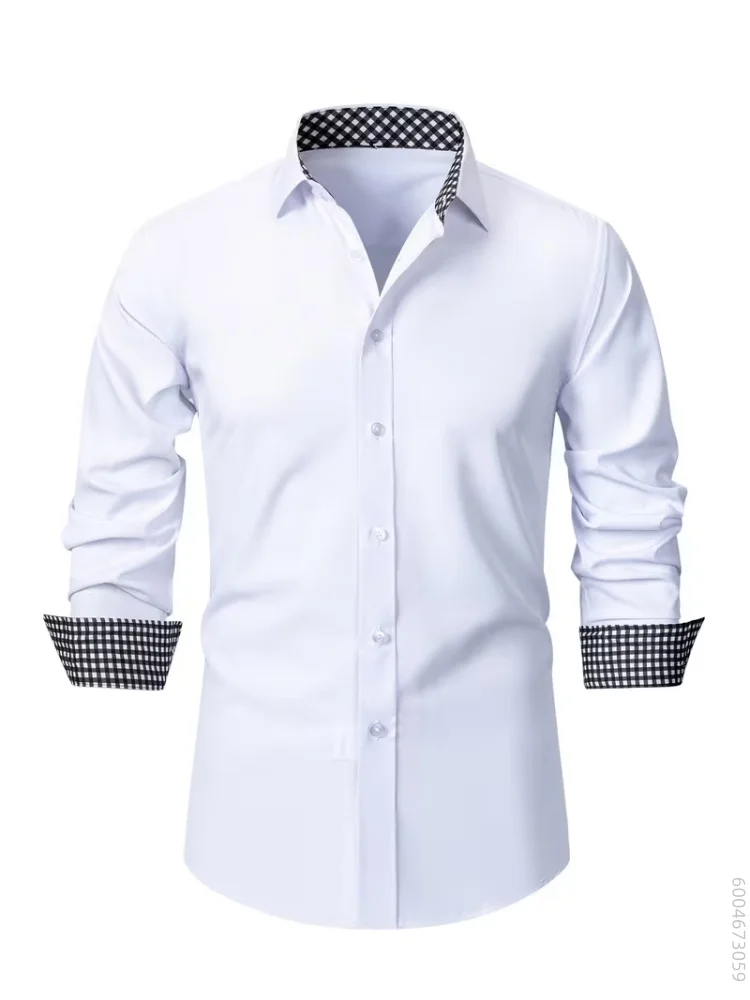 Men's long sleeved shirt with black and white checkered contrasting cuffs design, top for business commuting, versatile shirt