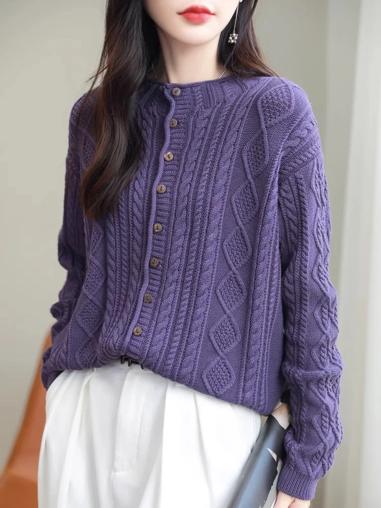 

Осенний утепленный вязаный кардиган из чистого хлопка для женщин, свободный крой, длинный рукав, круглый вырез, корейский стиль, для повседневной носки