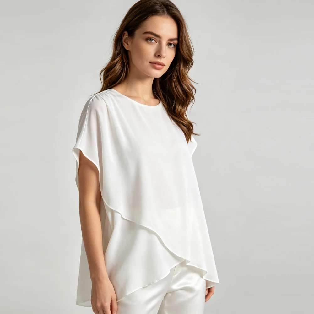 Women's Casual Summer New Overlapping 93% Natural Mulberry Silk Elastic Double Qiao Satin White Round Neck Short Sleeved T-shirt