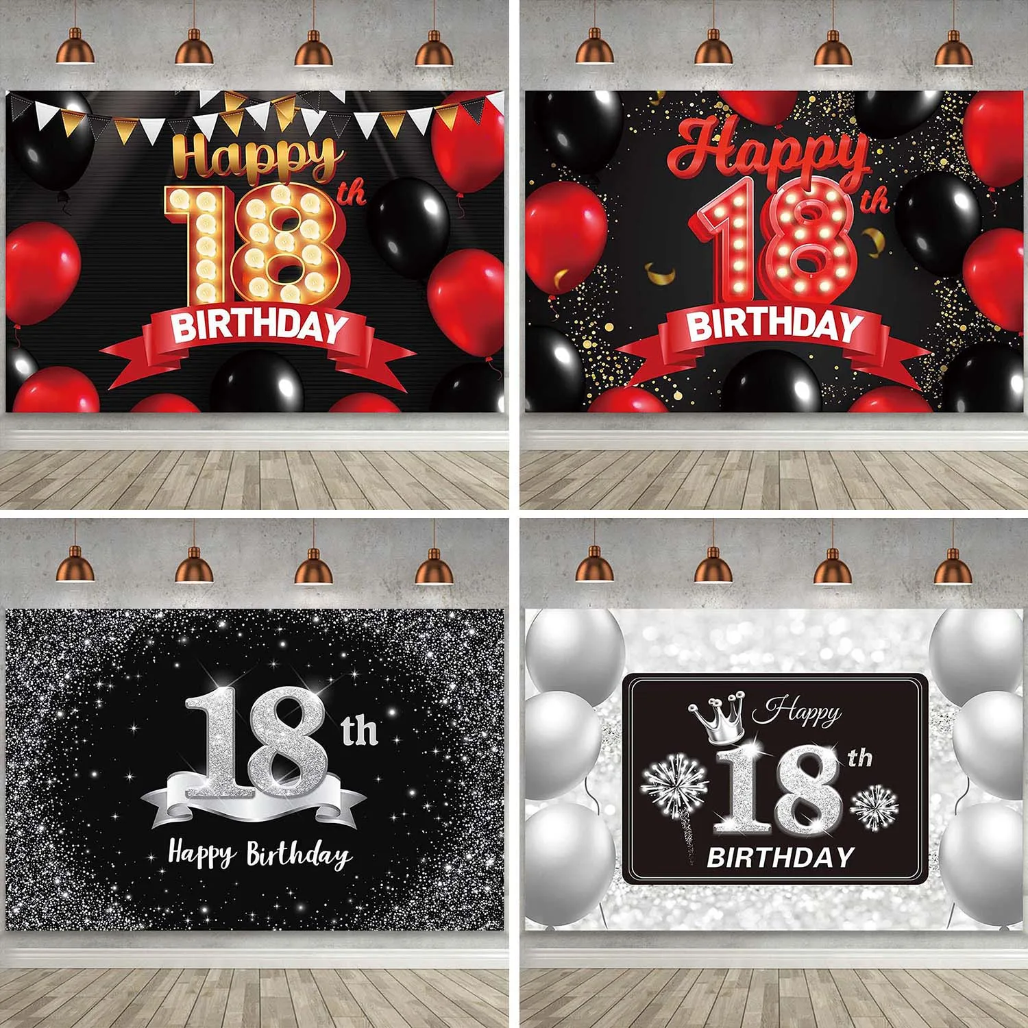 Happy 18th Birthday Party Banner Backdrop Decor for Girls Boys Women Men 18 Years Old Gold Silver Black Blue Red Pink Background