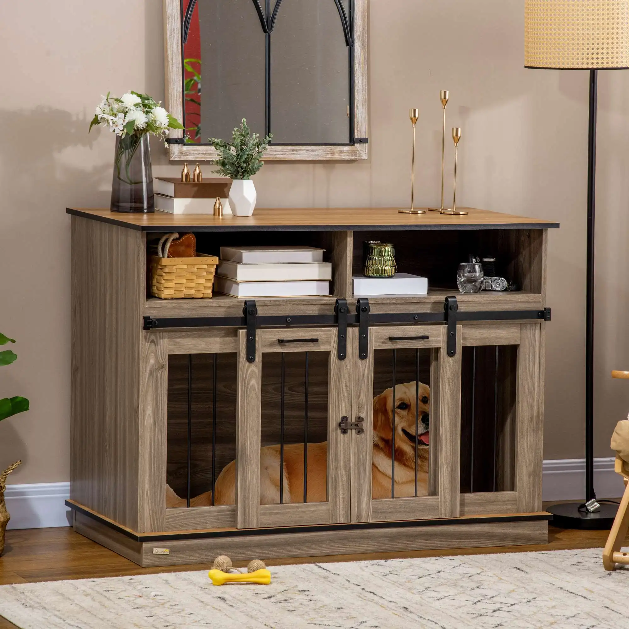 Dog Crate Furniture for Large Dogs or Double Dog Kennel for Small Dogs with Shelves, Sliding Doors, 47