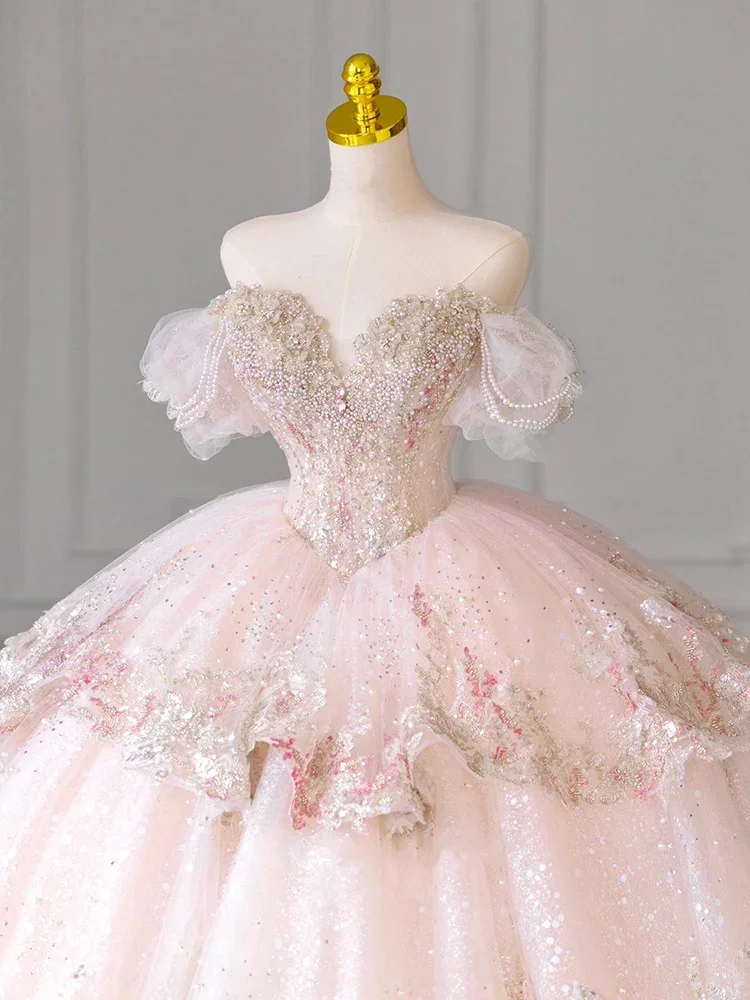 

2024 New One Shoulder Pink Princess Wedding Dress Bride French Court Style Fugitive Long Train Vestidos De Novia Civil