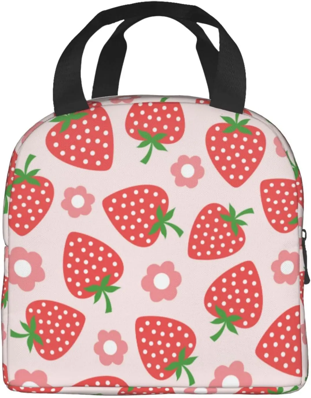 Pink Strawberry Cute Flower Insulated Lunch Bag For Men Women Reusable Lunch Box Container Waterproof Portable Cooler Thermal