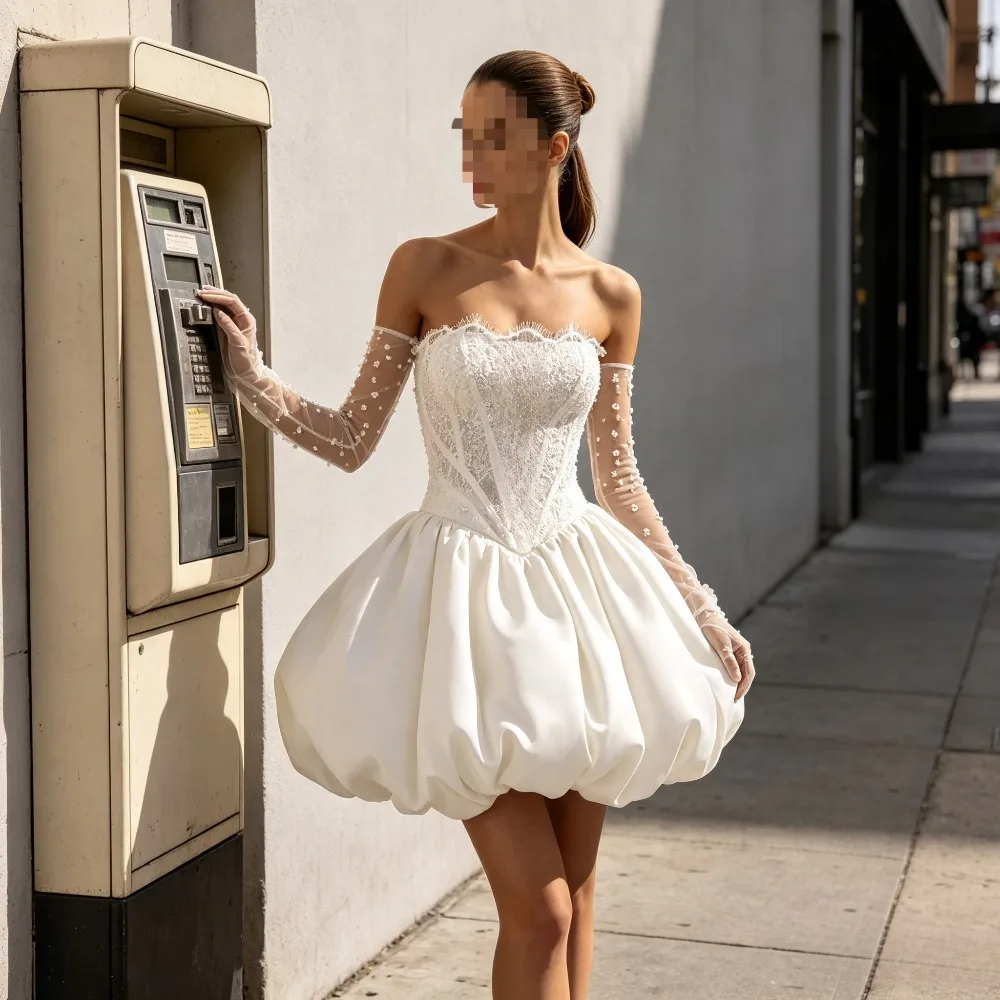 Customized Strapless Lace Corset Mini Wedding Dress 2026 Elegant Off Shoulder Fluffy Princess Bridal Gown Suitable for Parties