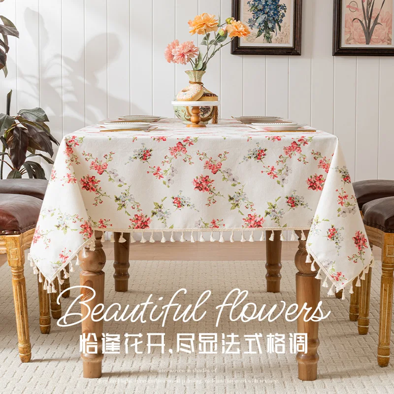 French Style Floral Flower Tablecloth Waterproof Tassel Decoration Dining Table Cloth Tea Table TV Cabinet Cover Towel