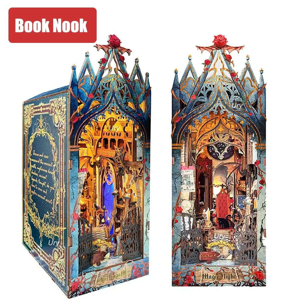 Ury 3D Wooden Puzzle Magic LED Book Nook Shelf Insert Kit Miniature Fairy Tale Town Bookshelf Forest Bookend Toys Girl Xmas Gift