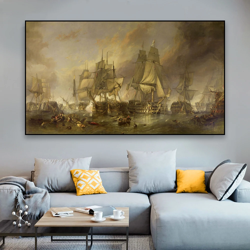 Retro Art Poster The Battle of Trafalgar Oil Painting Print Clarkson Frederick Stanfield Canvas Painting Galley Home Room Decor