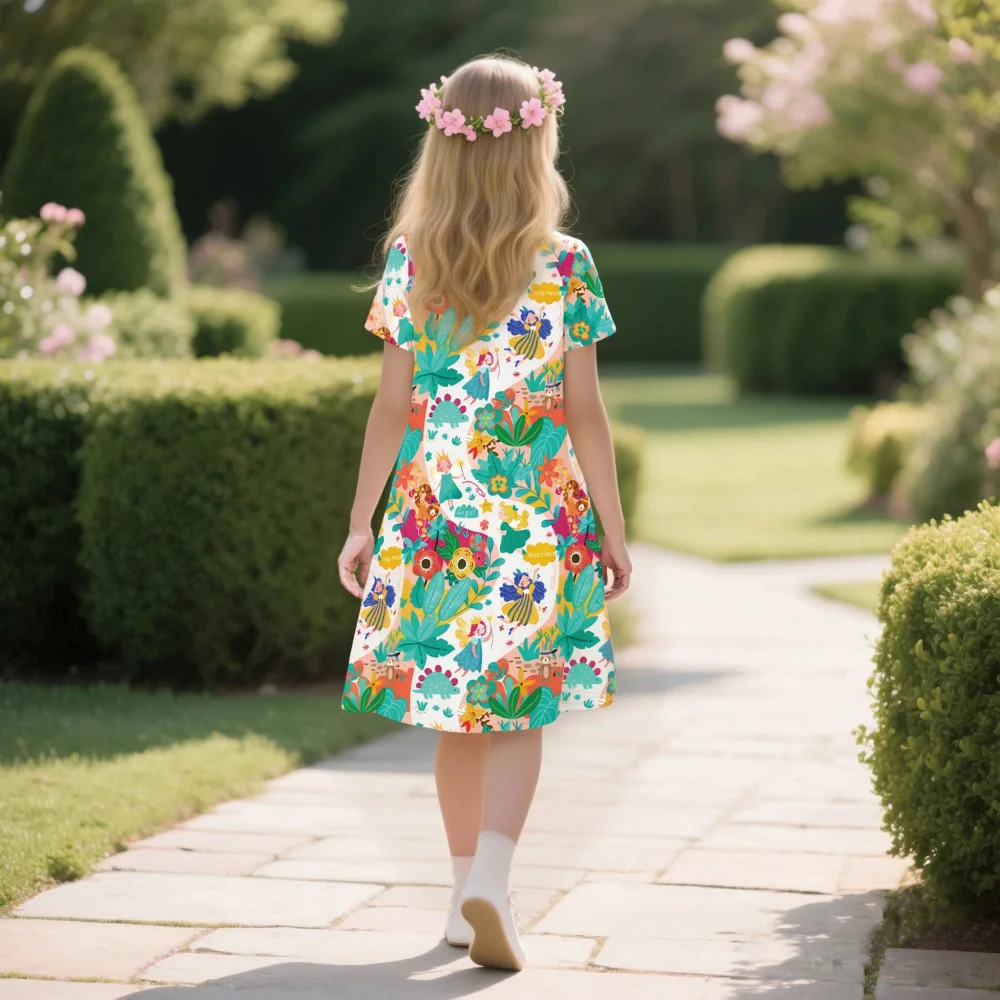 Short Sleeve Dress 2025 New Product Release, Children's Fresh Forest Cartoon Printing, Casual Girls Dress