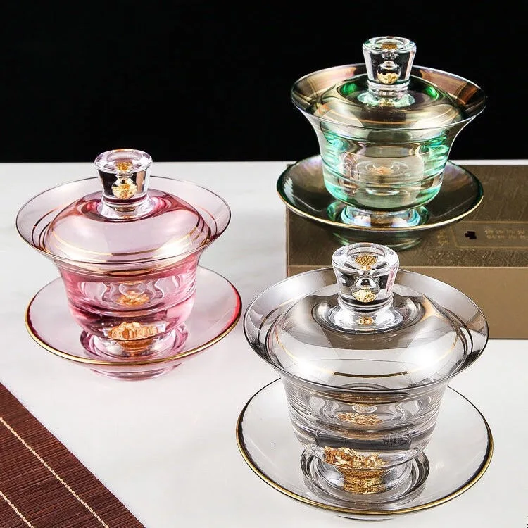 Gaiwan Japanese Luxury Gold Foil Sancai Cover Bowl Colored Crystal Glass Kungfu Tea Set Large Heat-resistant Tea Bowl Dispenser