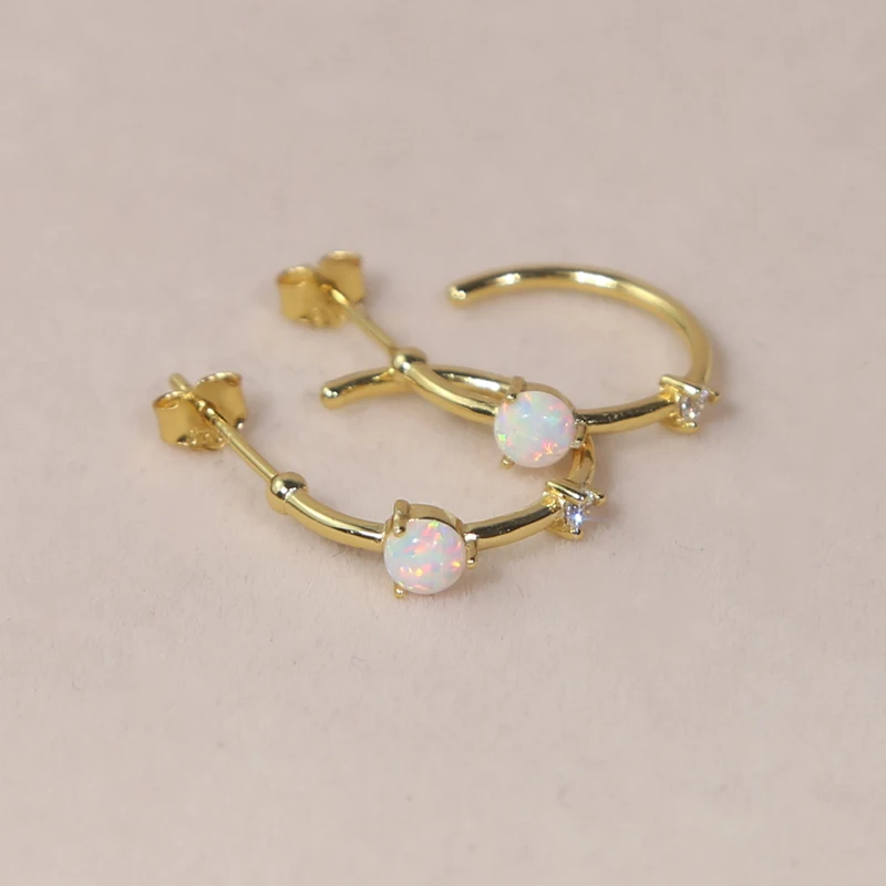

Circle Hoop Gold Plated 925 Sterling Silver Opal Stone CZ White Fire Simple Round Fashion Women High Quality Earring