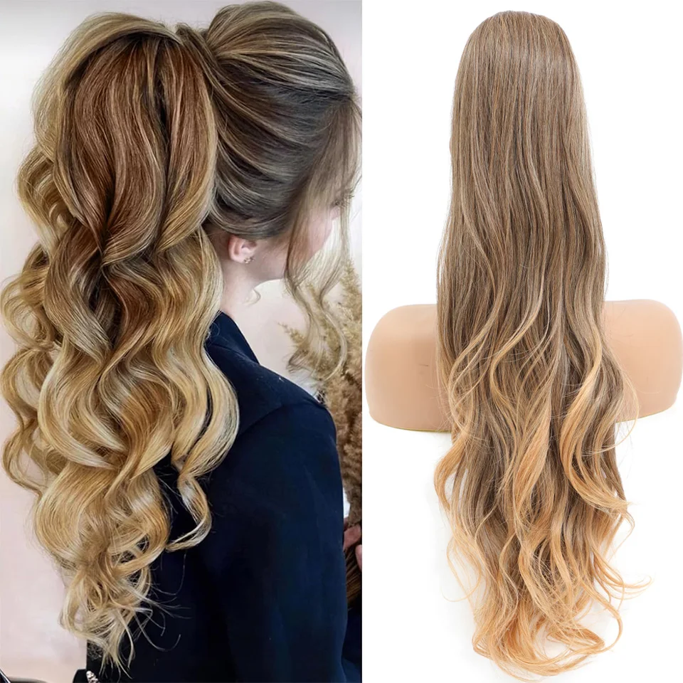 

Gladys 28 Inch Wavy Ponytail Extension 180g Synthetic Ponytail Hair Ombre Blonde Weave Ponytail Clip In Hair Extension For Women