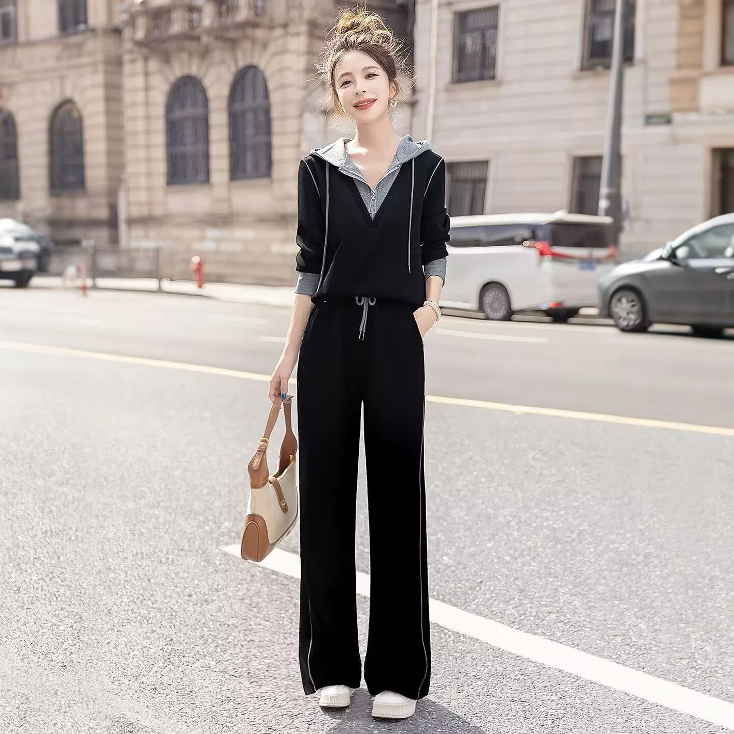 Women's Casual Sportswear Set Cotton Simulation Diagonal Stripe Harem Pants Hoodie Two-Piece Spring Autumn Fashion