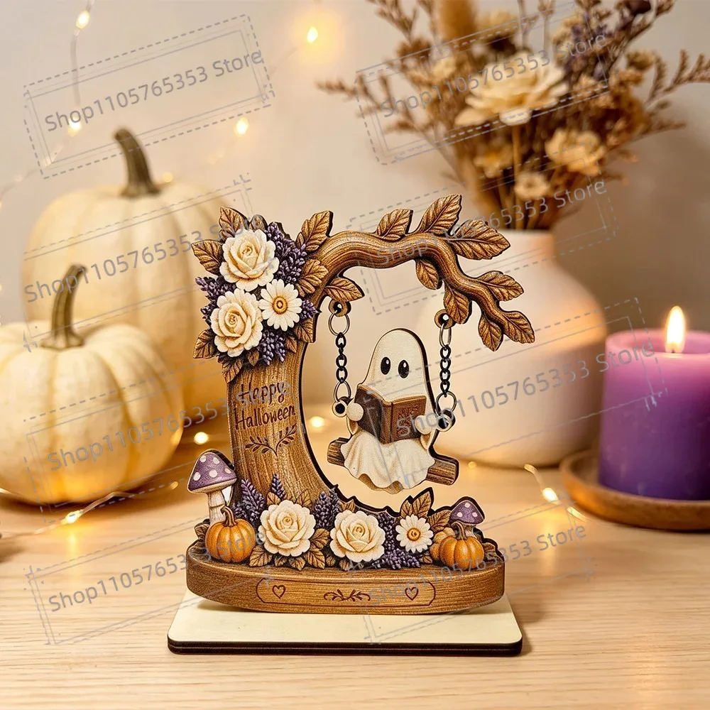 Ghost on The Moon Swing Doll Reading Secretary Wooden Ornament Bookcase Bookshelf Library Scene Halloween Atmosphere Decoration